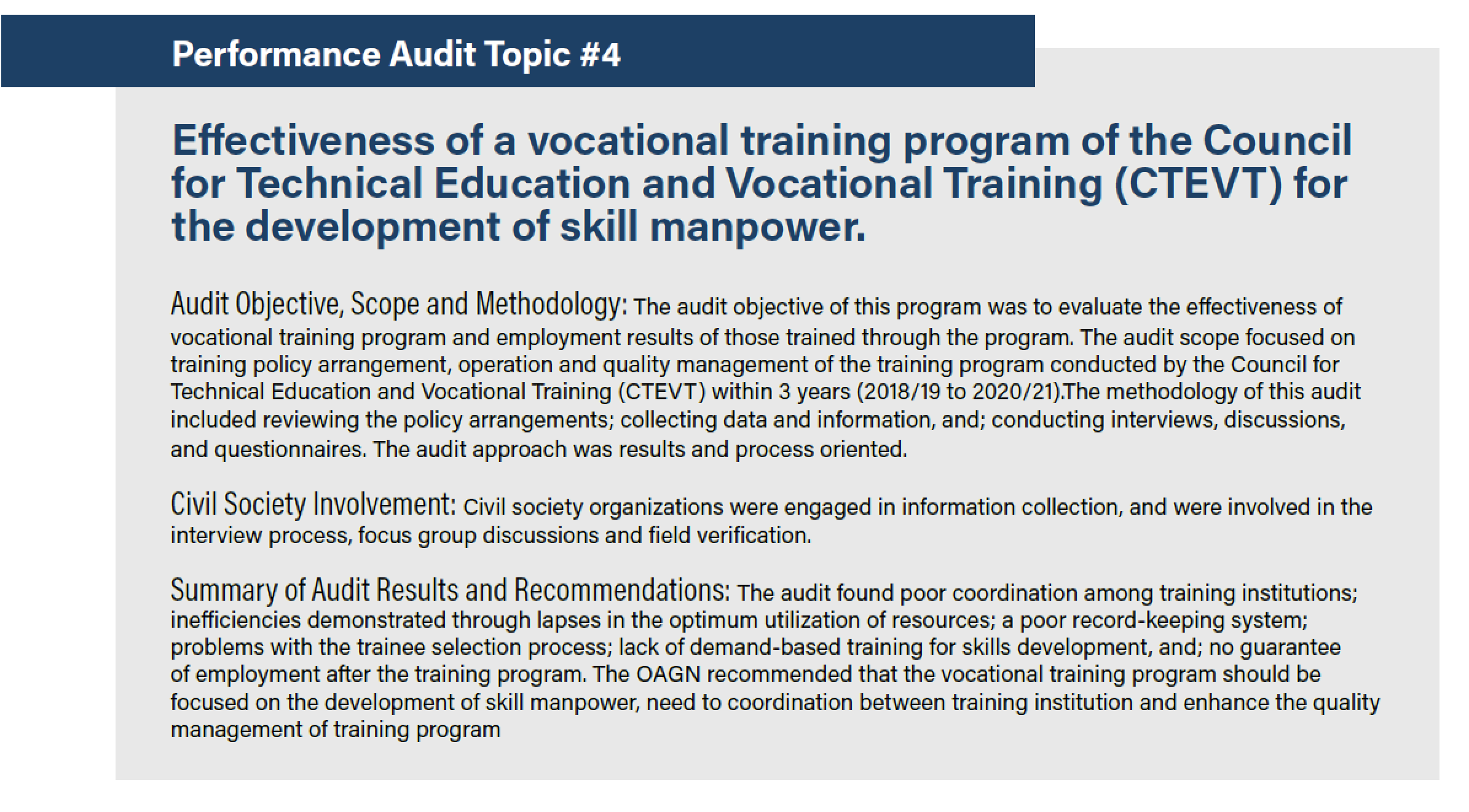 Effectiveness of a vocational training program of the Council for Technical Education and Vocational Training (CTEVT) for the development of skill manpower.